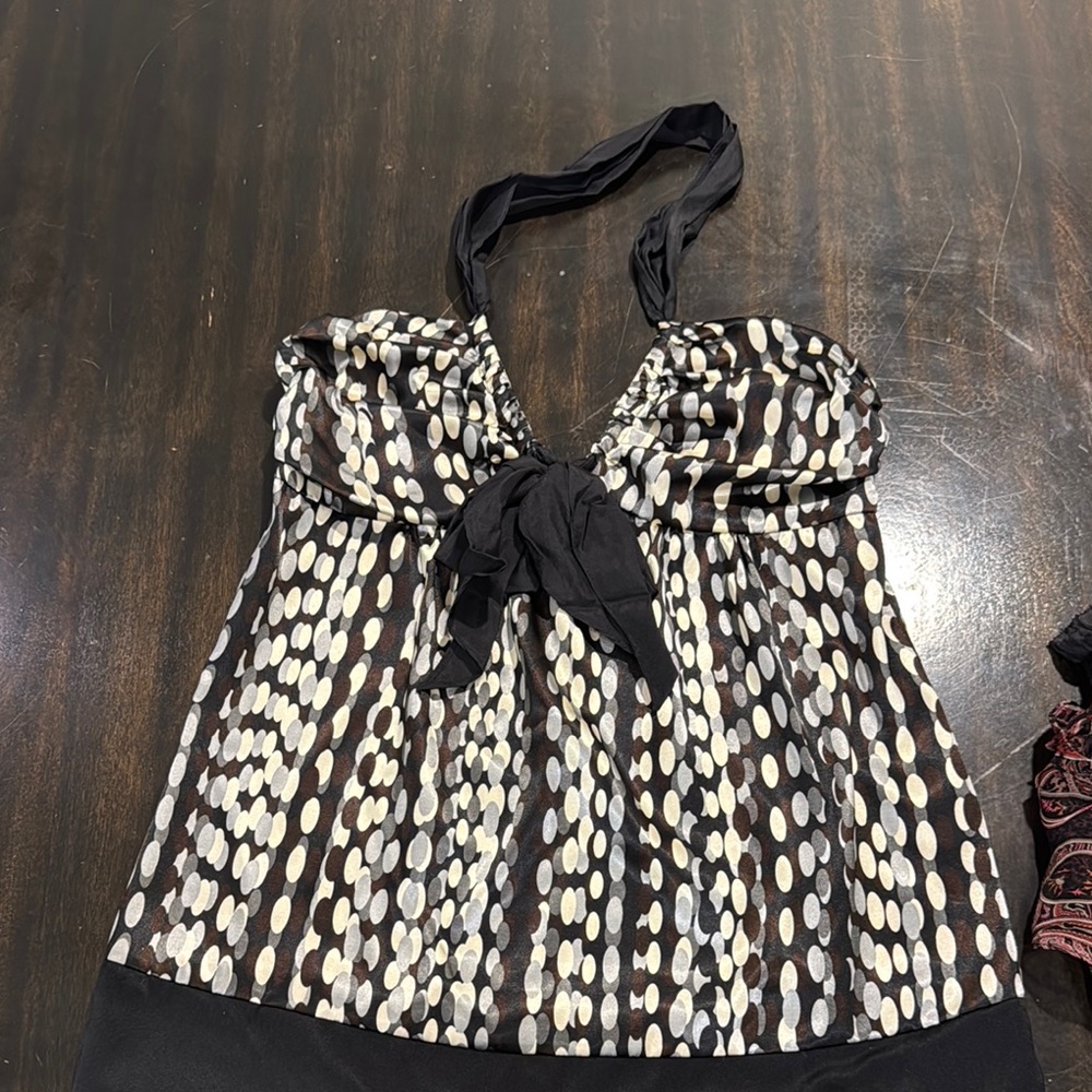 Twelfth Street by Cynthia Vincent Black and White Smocked Tie Front Blouse